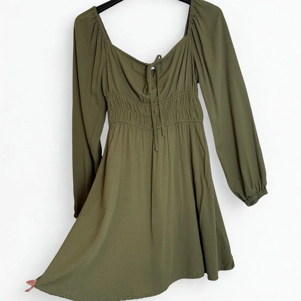 Cottage Core Mini Dress Size Small Smocked Green/Olive FairyCore Long Sleeve - Picture 4 of 9